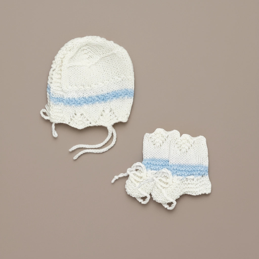 Hand Knitted Sweater Set With Bird Embroidery - White & Blue Stripes - 3 Piece