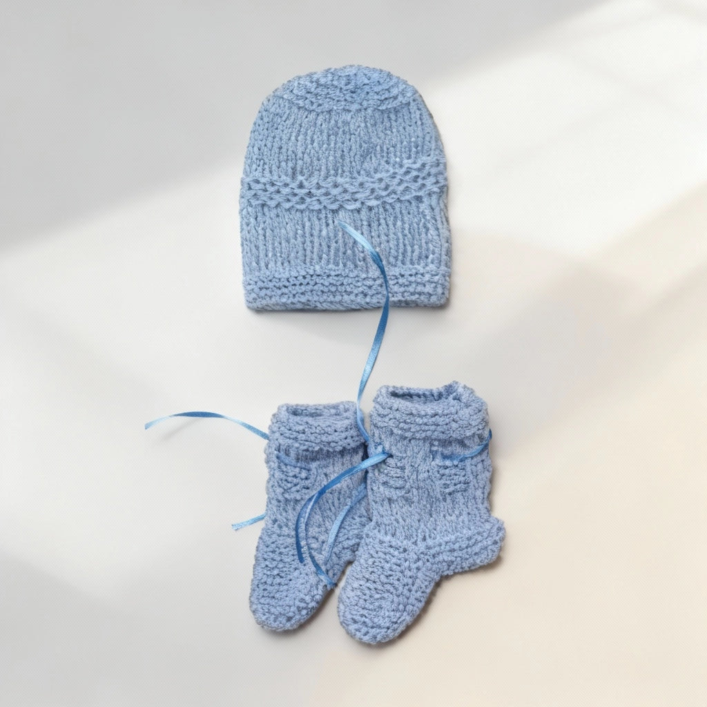 Hand Knitted Sweater Set With Embroidery - Fog Blue - 3 Piece