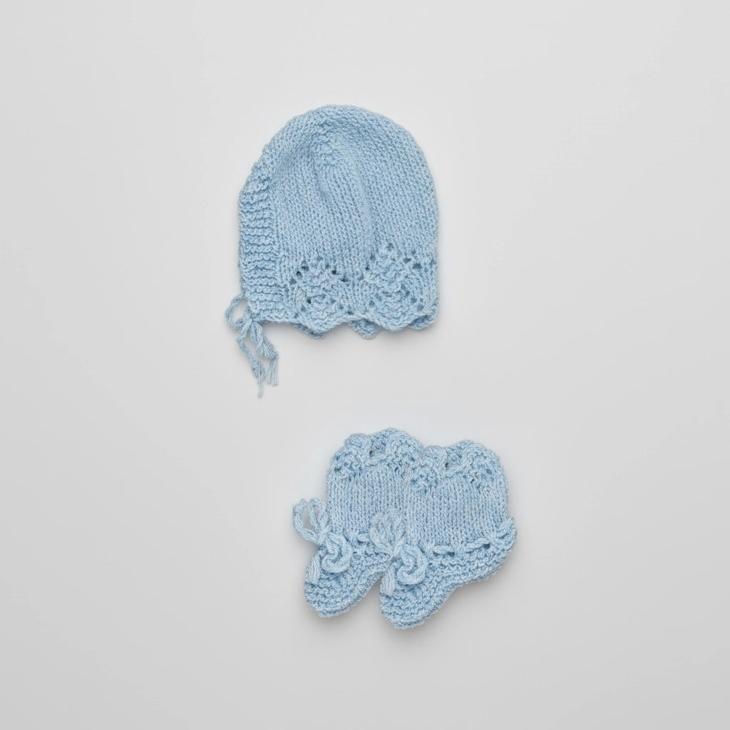 Hand Knitted Sweater Set With Flower Embroidery - Mist Blue - 3 Piece