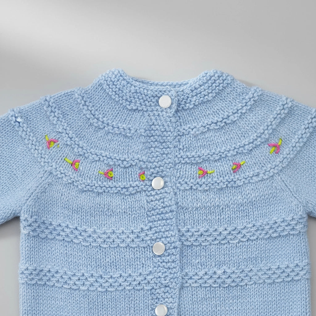 Hand Knitted Sweater Set With Embroidery - Fog Blue - 3 Piece