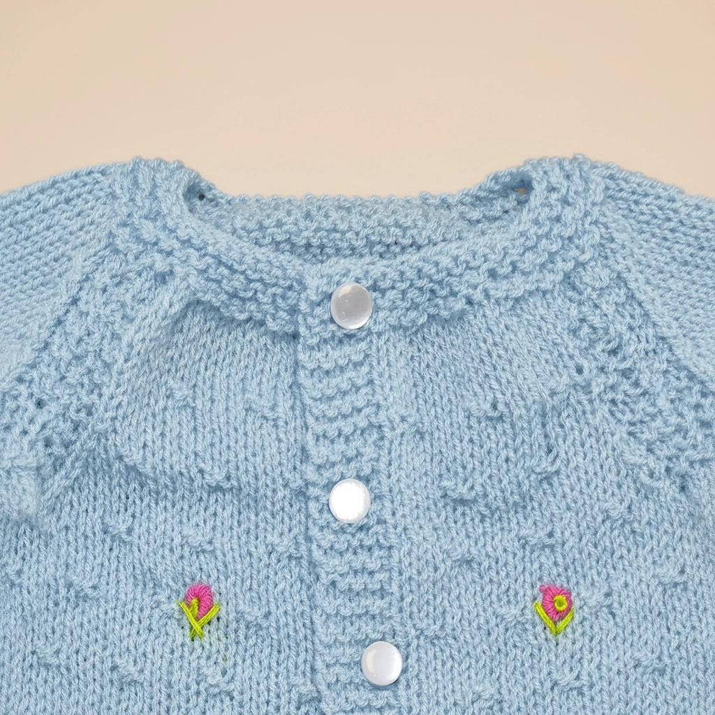 Hand Knitted Sweater Set With Flower Embroidery - Mist Blue - 3 Piece