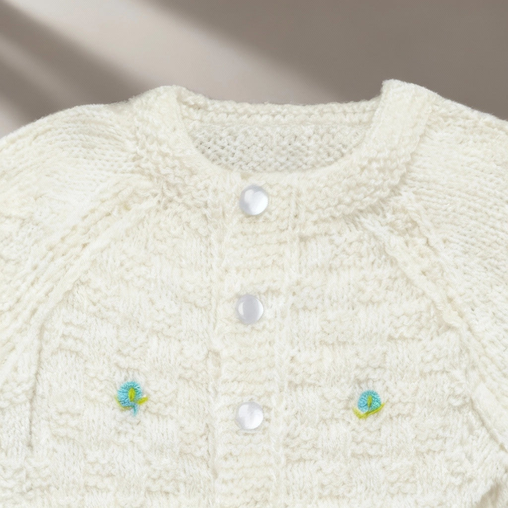 Hand Knitted Sweater Set With Embroidery - White - 3 piece