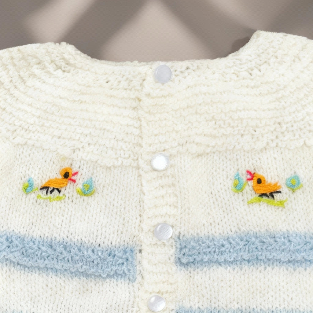 Hand Knitted Sweater Set With Bird Embroidery - White & Blue Stripes - 3 Piece