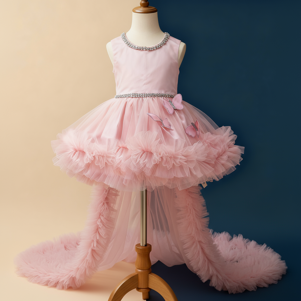 Butterfly Princess Trail Dress With Detachable Trail - Blush Pink