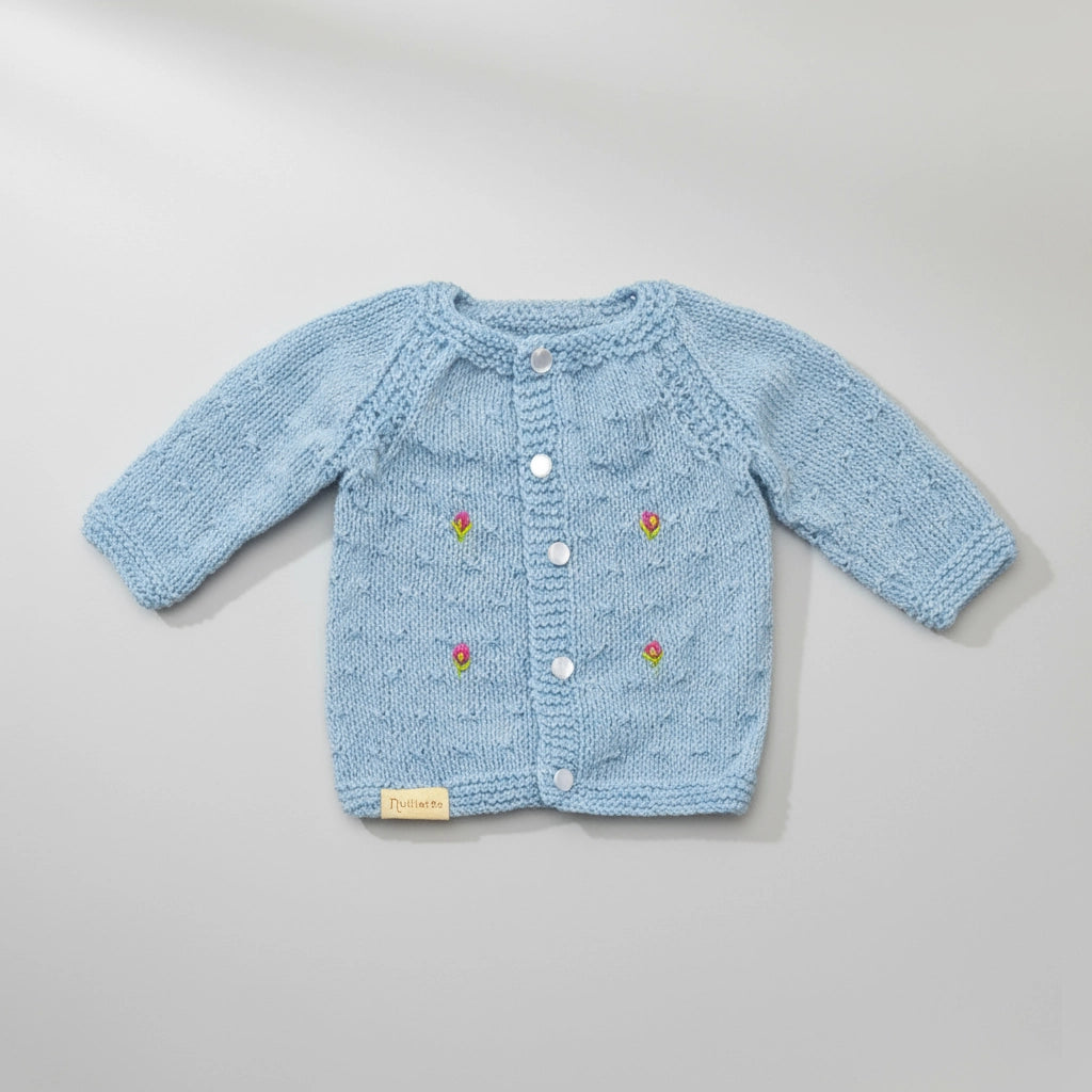 Hand Knitted Sweater Set With Flower Embroidery - Mist Blue - 3 Piece