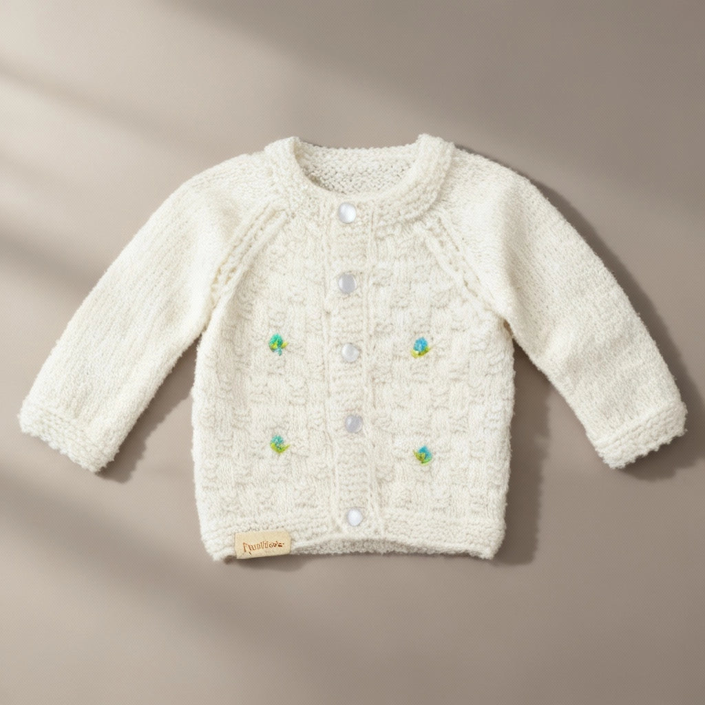 Hand Knitted Sweater Set With Embroidery - White - 3 piece