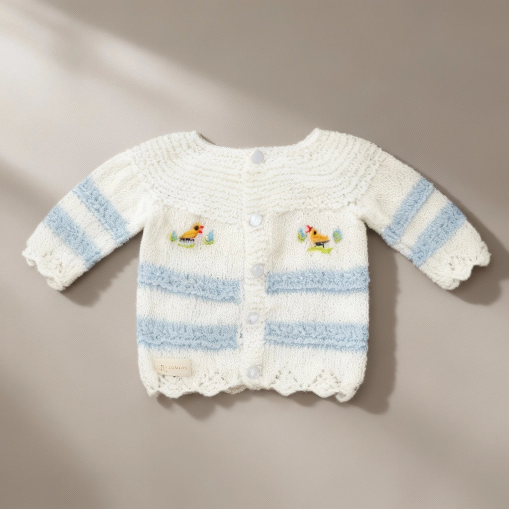 Hand Knitted Sweater Set With Bird Embroidery - White & Blue Stripes - 3 Piece