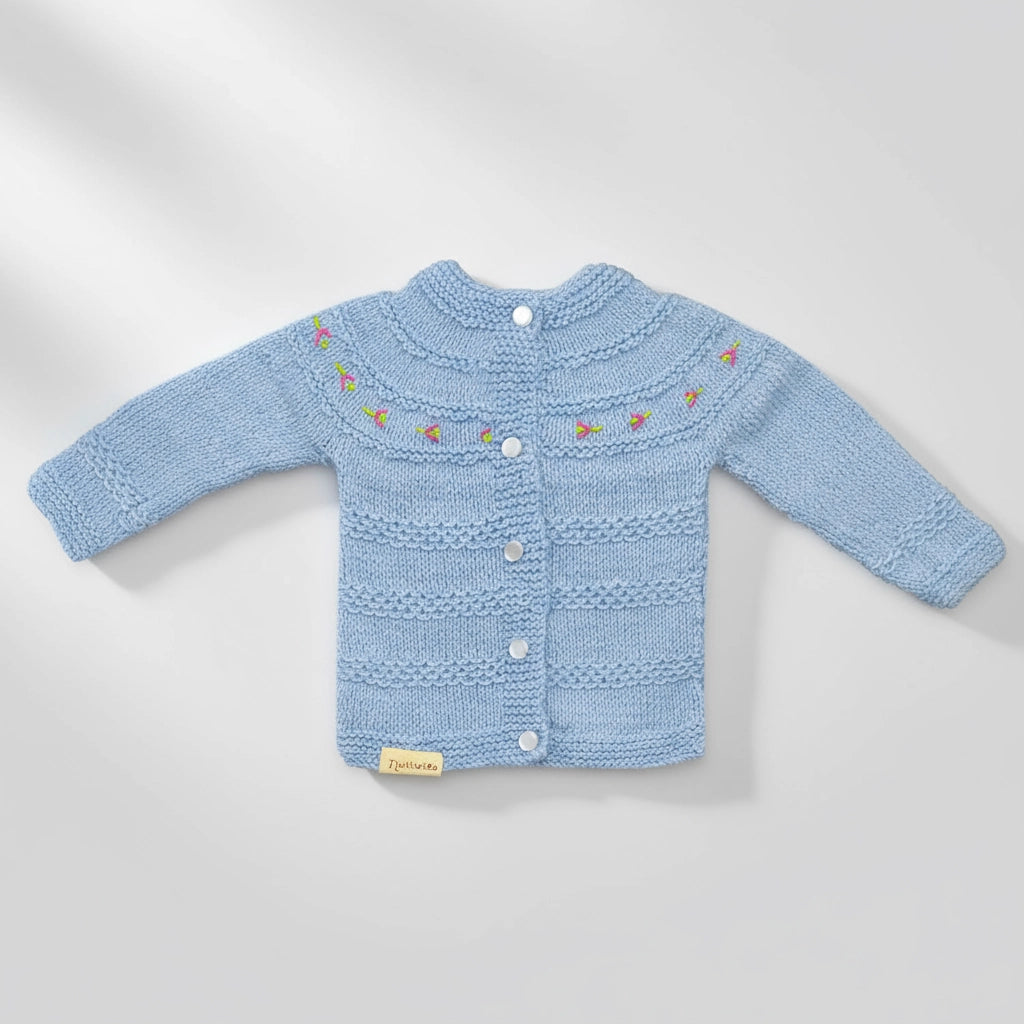Hand Knitted Sweater Set With Embroidery - Fog Blue - 3 Piece