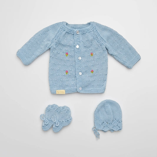 Hand Knitted Sweater Set With Flower Embroidery - Mist Blue - 3 Piece