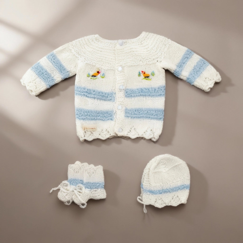 Hand Knitted Sweater Set With Bird Embroidery - White & Blue Stripes - 3 Piece