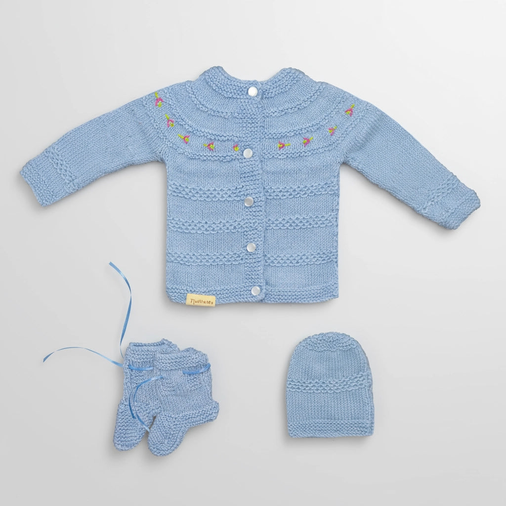 Hand Knitted Sweater Set With Embroidery - Fog Blue - 3 Piece
