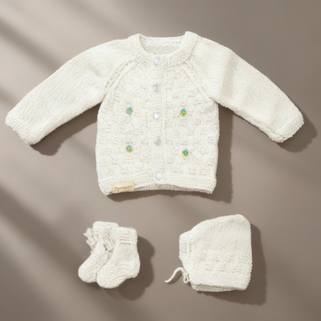 Hand Knitted Sweater Set With Embroidery - White - 3 piece