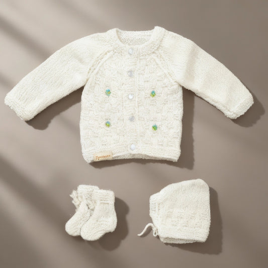 Hand Knitted Sweater Set With Embroidery - White - 3 piece